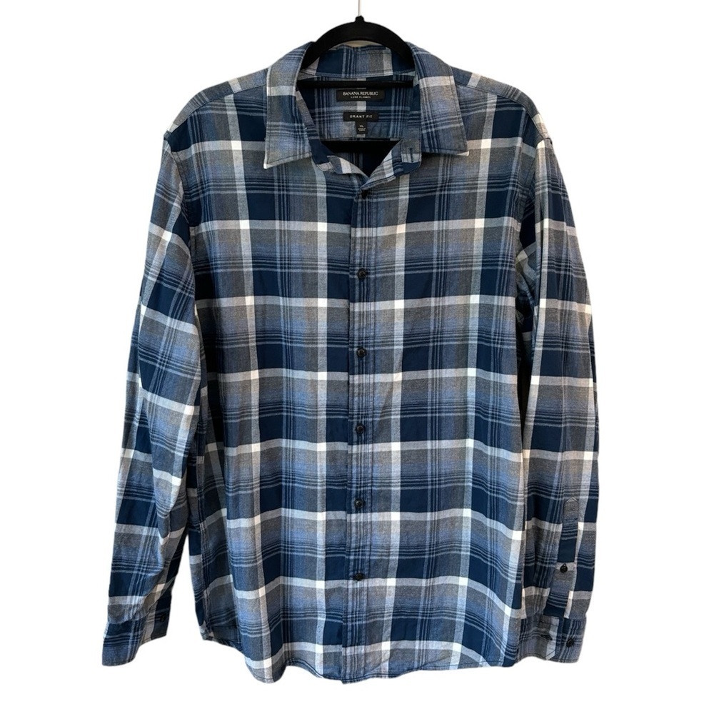 Banana Republic Luxe Flannel Grant Fit Checkered Button Down Blue/Gray Men's XL